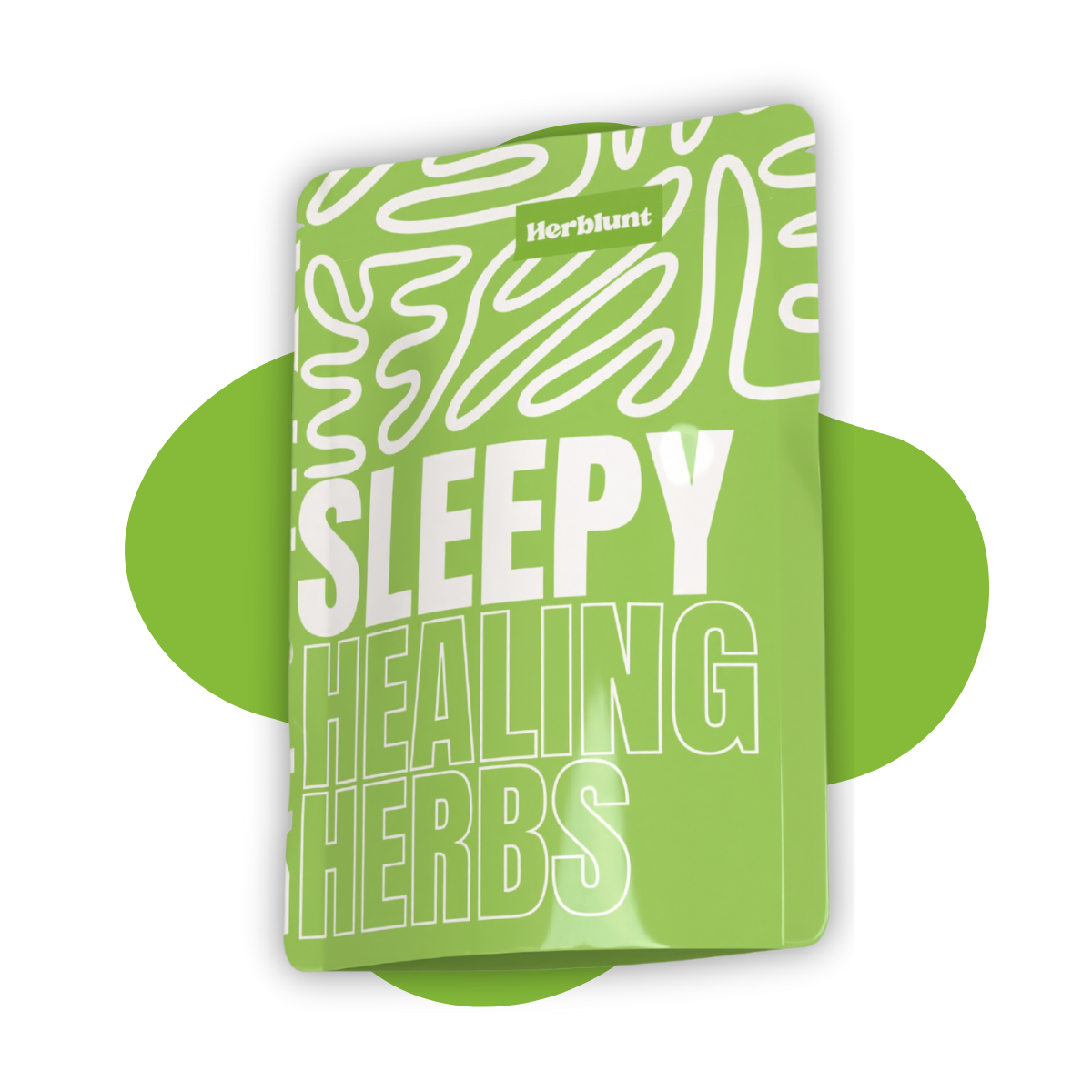 Green packaging of herblunt with 'Sleepy Healing Herbs' text on a white background