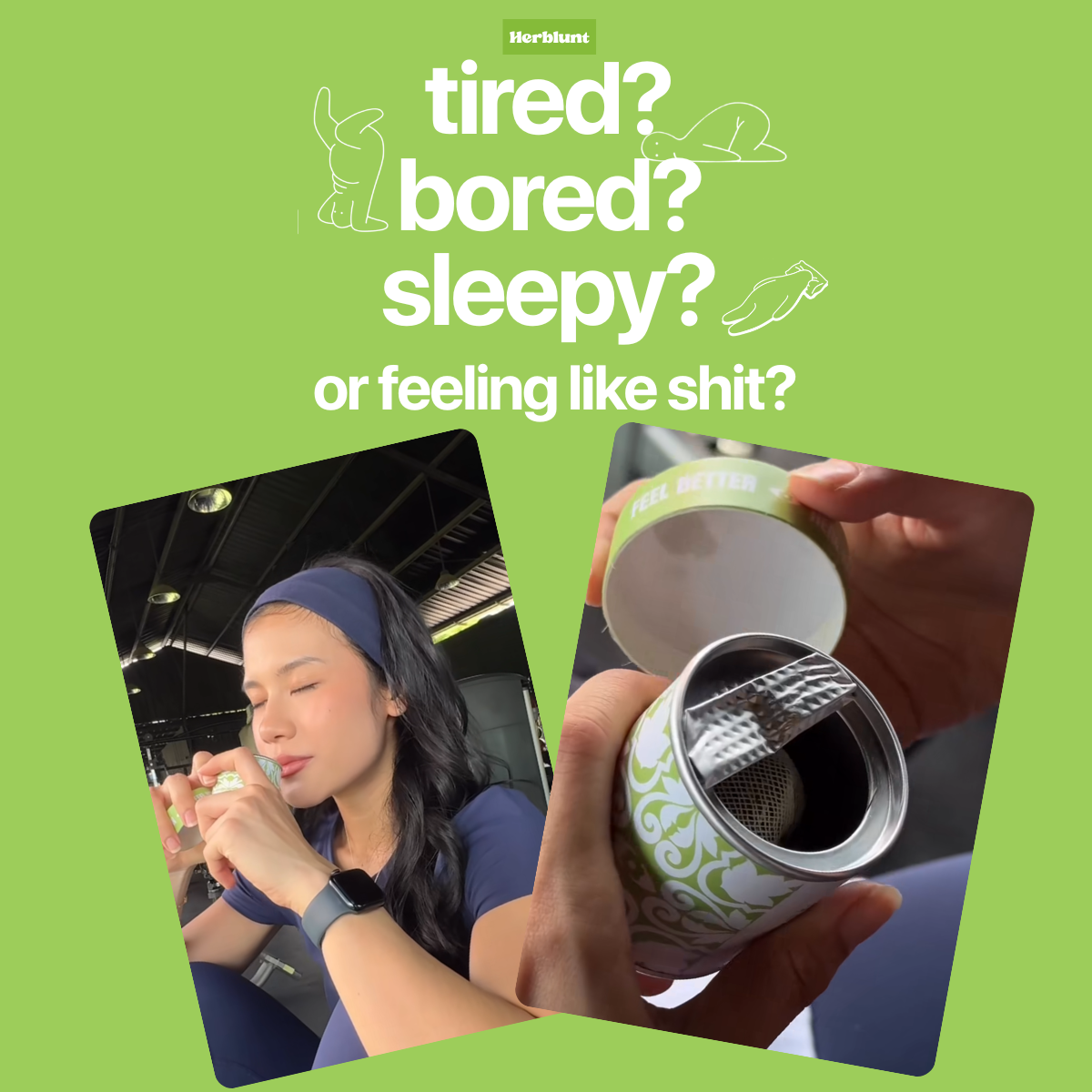 Sabby holding a herblunt healing inhaler with text on a green background